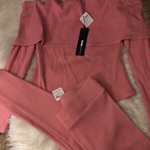 Pink Off-Shoulder Ribbed Top and Pants Set